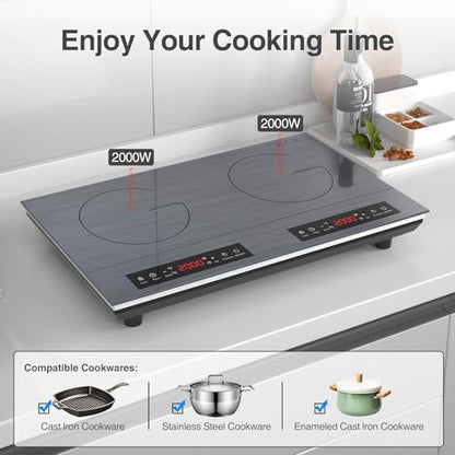 VBGK Double Induction Cooktop, 24 inch 4000W Electric cooktop with hot plate, induction stove top with LED Touch Screen 9 Levels Settings with Child Safety Lock & Timer 110V Induction cooktop 2 burner