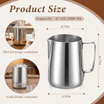 Stainless Steel Pitcher 67 oz / 2 L Beverage & Water Pitcher with Handle and Pour Spout Heavy Duty Metal 8 Cup Milk Frothing Jug for Iced Tea Coffee Milk Juice Restaurant and Home Use - size: 67.6 Ounces