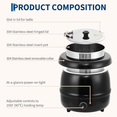Commercial Electric Soup Kettle – 13.7QT Capacity, Stainless Steel Removable Insert, Hinged Lid, Anti-Scald Handle, Adjustable Temperature Control – Food Warmer for Restaurant, Buffet, - size: 13.7 Quarts