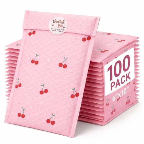 Cozymood 6x10" Bubble Mailers 100 Pack Cherry Pattern Pink Padded Envelopes - color: Cherry, size: 6x10" 100PC