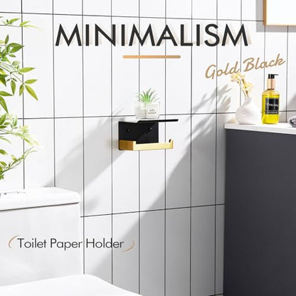 KOKOSIRI Toilet Paper Holders with Shelf Bathroom Toilet Paper Roll Holder Wall Mounted T-304 Stainless Steel, Matte Black and Gold B2010GDK (Pack of 2) - color: Black Gold, size: With Shelf(2 Pack)