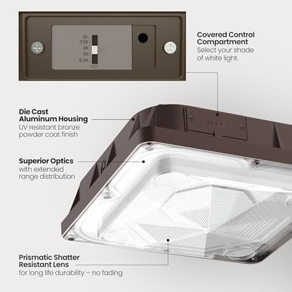 Feit Electric 10in LED Canopy Light, 5CCT Selectable, 4000 Lumens, 44W, Wet Rated Die-Cast Aluminum Housing, 50,000-Hour Lifetime, Bronze Outdoor Commercial Security Ceiling Fixture, S10CNPY/5CCT/BZ - color: 3000K-6500K White