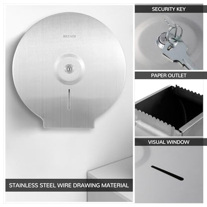 Toilet Paper Towel Dispenser Wall Mount, Jumbo Roll Toilet Tissue Dispenser, 9 Inch Paper Key Lock Stainless Steel Dispenser - color: Silver