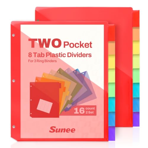 SUNEE 8 Tab Dividers with Pockets, Plastic Dividers for 3 Ring Binder, Subject Dividers with 2 Pockets, Binder Dividers for School Office Home Supplies, Bright Color, 2 Set - color: 8 Assorted Colors