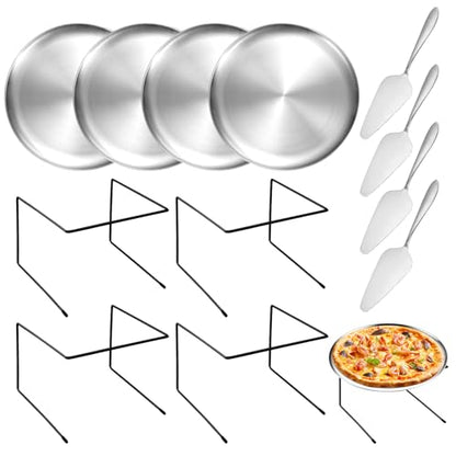 GRETJOB 12 Pcs Pizza Pan Riser Stand Set, 4 Metal Pizza Table Stands + 4 Nonstick Pizza Pans + 4 Pie Servers, Pizza Rack & Tray for Baking, Dessert, Cheese, Party, and Restaurant Use (Silver) - color: Silver 4Pcs