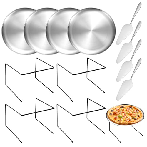 GRETJOB 12 Pcs Pizza Pan Riser Stand Set, 4 Metal Pizza Table Stands + 4 Nonstick Pizza Pans + 4 Pie Servers, Pizza Rack & Tray for Baking, Dessert, Cheese, Party, and Restaurant Use (Silver) - color: Silver 4Pcs