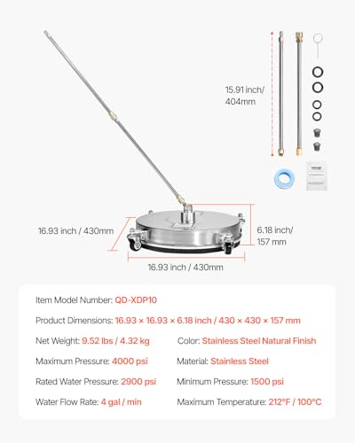 VEVOR 16.5 Inch Pressure Washer Surface Cleaner, 4000 PSI Stainless Steel Attachment with 4 Wheels, 2 Nozzles, 1/4 Inch Quick Connect and 2 Wands for Concrete, Patio, Deck - size: 16.5 Inch w/ Wand & Wheels