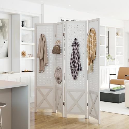 Giantex 4 Panel Pegboard Room Divider, 5.6FT Folding Privacy Screen with Peg Board Storage, Solid Wood Frame Freestanding Room Divider Wall, Foldable Pegboard Display Stand for Retail, Craft Shows - color: White Wood Grain, size: 4 Panel (64"W x 67"H)