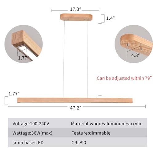 YISDESIGN 47" 36W 1-Light Wooden Led Linear Pendant Light Dimmable Led Chandelier Ceiling Hanging Light Fixtures Modern Chandeliers for Dining Room Kitchen Island Pool Table Lights Natural - color: Natural, size: 47in