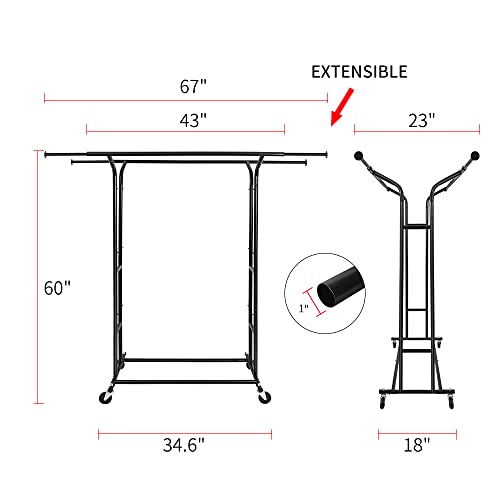 Fishat Black 60" H Heavy Duty Double Rod Rolling Clothes Garment Rack - color: Black