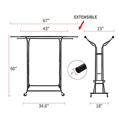 Fishat Black 60" H Heavy Duty Double Rod Rolling Clothes Garment Rack - color: Black