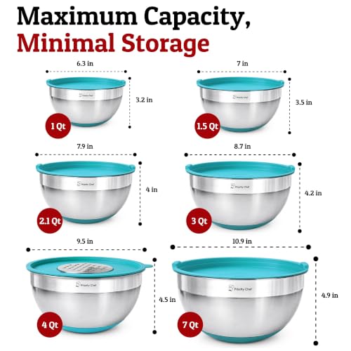 Priority Chef Stainless Steel Mixing Bowls with Lids Set - Premium 30Pcs with 6pc Metal Bowl Set for Kitchen, 3 Graters, Airtight Lids, Non-Slip Bases & Silicone Utensils, Turquoise - color: Turquoise