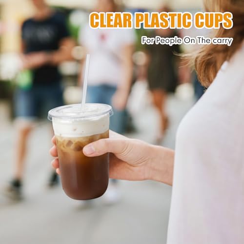 Ziliny 50 Pack 16 oz Clear Plastic Cups with Lids and Straws Disposable Iced Coffee Cups Round Bottom To carry Cup for Coffee Smoothie Cold Drinks Juice Milkshake Tea (Clear) - color: Clear, size: 16 oz