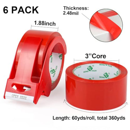 BOMEI PACK Red Heavy Duty Packing Tape 6 Rolls with Red Plastic Dispenser, 2.5 mil, 1.88 inch x 60 Yards, Total 360Yds, Ultra Strong, Refill for Packaging and Shipping - color: Red