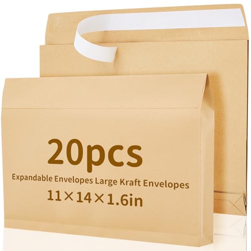 Fullhawl 20 Pcs 11 x 14 x 1.6 Inch Large Expandable Catalog Envelopes Manilla Kraft Peel and Seal Envelopes Light Large Mailing for Office Home Documents Magazines Photos Storage Organizing(Brown) - color: Brown, size: 11 x 14 x 1.6 Inch