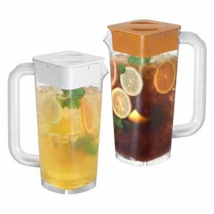 CURTA 2 Pack Plastic Pitcher with Lid, 2L Heavy-Duty Shatterproof Pitchers Clear Water Pitcher with Handle for Lemonade, Coffee,Iced Tea, Milk, Juice, Beverages - color: White & Brown