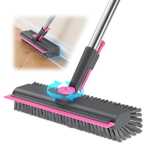 3 in 1 Floor Scrub Brush with Long Handle, Deck Brush with Squeegee - color: Pink and Grey