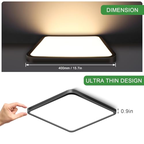 15.7Inch 32W Square LED Ceiling Light Fixtures Flush Mount, 2800K Warm White LED Ceiling Lamp, Surface Mount Modern Ceiling Lights, Black Slim Flat Panel Lighting for Bedroom, Kitchen, Bathroom - color: Warm White, size: 15.7 inch Black