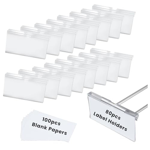 80 Pcs Clear Plastic Bin Labels Clips with 100 Pcs Label Papers Included, Basket Bin Labels Clip On, Wire Shelf Price Tags, Merchandise Sign Display Holder (2.75 × 1.65 Inch)