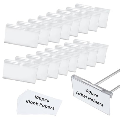 80 Pcs Clear Plastic Bin Labels Clips with 100 Pcs Label Papers Included, Basket Bin Labels Clip On, Wire Shelf Price Tags, Merchandise Sign Display Holder (2.75 × 1.65 Inch)