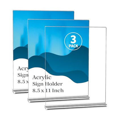 Acrylic Sign Holder 8.5 x 11 Inch, 3 Pack Clear Double-Sided T-Shape Tabletop Display Stands for Menus, Flyers, Signs, and Photos - size: 3 Pack 8.5x11