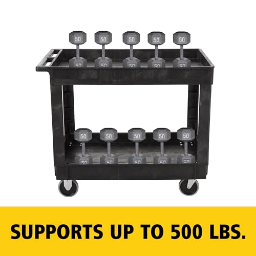 Rubbermaid Commercial Products 2-Shelf Utility/Service Cart, Medium, Lipped Shelves, Standard Handle, 500 lbs. Capacity, for Warehouse/Garage/Cleaning/Manufacturing/Maintenance - size: Medium