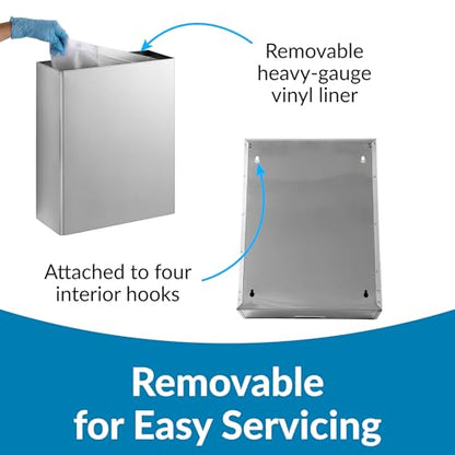 Bobrick Surface-Mounted Waste Receptacle, 6.4-gallon Capacity, Satin-Finish Stainless Steel, Open Top Design with Removable Vinyl Liner, 14" W x 18" H x 6" D (Model B-279)