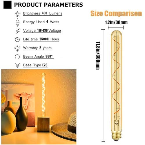 Leools Vintage LED Spiral Filament Bulb T10,11.8inch Long Tubular Dimmable Edison Light Bulbs,E26 Medium Base,Amber Glass,Warm White,2200K,400LM(40W Equivalent),T30 Led Tube Bulb,Pack of 4. - style: 11.8in(300mm)