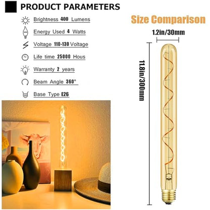 Leools Vintage LED Spiral Filament Bulb T10,11.8inch Long Tubular Dimmable Edison Light Bulbs,E26 Medium Base,Amber Glass,Warm White,2200K,400LM(40W Equivalent),T30 Led Tube Bulb,Pack of 4. - style: 11.8in(300mm)