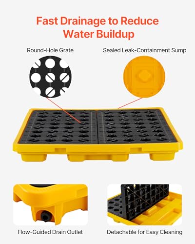 VEVOR Spill Containment Pallet, 4 Drum Low Profile Spill Containment Modular Platform, 31 Gallon Sump, 8818 lbs Load Capacity, Heavy-Duty Polyethylene Tray with Drain, 51.4" x 50.4" x 5.9", Yellow