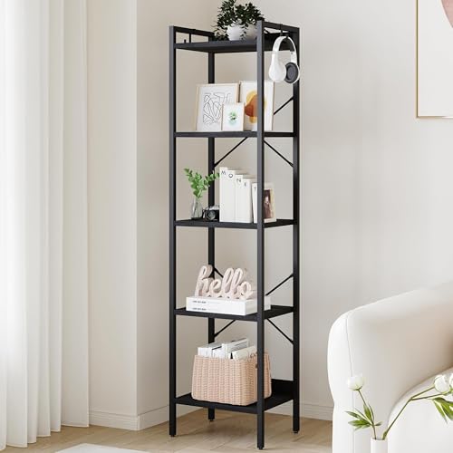 Hzuaneri Bookshelf, Book Shelf, Industrial Bookcase with 2 Hooks - color: Black, size: 9.4"D x 15.7"W x 63"H