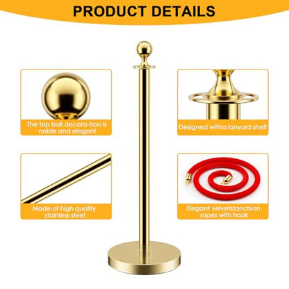 LOVMOR 6PCS Gold Stanchion Posts Queue, 38 Inch Red Velvet Rope, 5 FT Red Carpet Ropes and Poles, Crowd Control Barriers Queue Line Rope, Barriers for Party Supplies - color: Gold-6pack