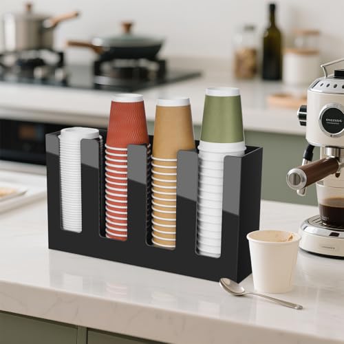 Coffee Cup Holder, Cup and Lid Organizer fits 5 to 16 oz Disposable Cups - color: Black, size: 4 Compartment