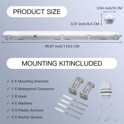 JTT 4FT LED Vapor Tight Light Fixture 60W/50W/40W Options 0-10V - 1Pack - size: 4FT (1-Pack)