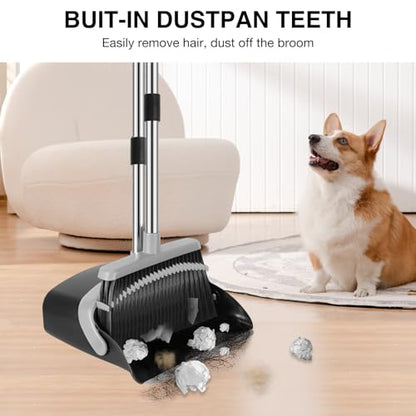 NACENA Broom and Dustpan Set with 52-in Long Adjustable Handle, Black Grey - color: Black-grey, size: 1 Pack