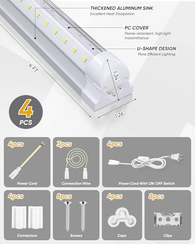 4FT 4 Pack LED Shop Lights, 50W 6000LM 6000K Workbench Tube Light - size: 6000LM-4Pack