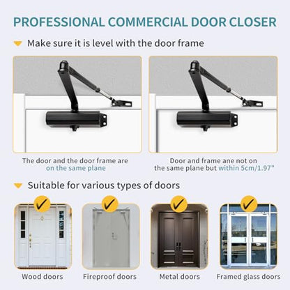 Medium Duty Hydraulic Door Closer for Commercial & Residential Use - Perfect for Screen Doors, Garage Entry, and Interior Doors with Soft Close Technology - Adjustable Automatic Door Closing Mechanism