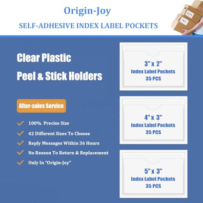 Origin-Joy 35 PCS Self Adhesive Index Card Pockets with Top Open, Clear Plastic Label Holder for Cards of Note, Library and Business, Adhesive Label Pockets & Card Holder (4 x 3.5 inch) - size: 4 x 3.5 inch, style: Horizontal