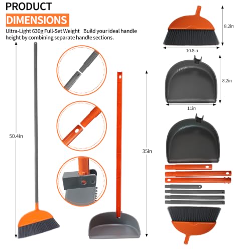 Lightweight Broom and Dust Pan Set, Adjustable Detachable Broom with Standing Dustpan, Collapsible Broom Dustpan Combo for Home Kitchen Cleaning