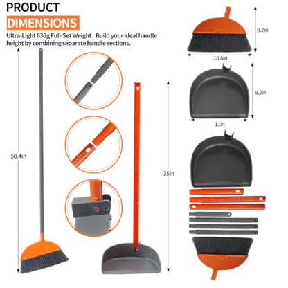 Lightweight Broom and Dust Pan Set, Adjustable Detachable Broom with Standing Dustpan, Collapsible Broom Dustpan Combo for Home Kitchen Cleaning