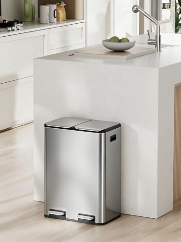 Arlopu 16Gal Dual Trash Can w/2 Built-in Box for Odor Control - color: Silver