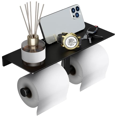 Danpoo Matte Black Toilet Paper Holder with Shelf, Wall-Mounted Bathroom Organizer, Double Roll - color: Black