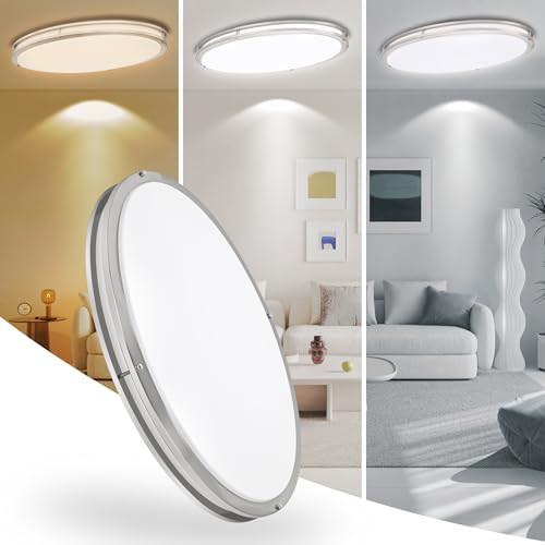 33 Inch Oval Brushed Nickel Ceiling Light Fixture - Flush Mount LED Kitchen Ceiling Lamp 3000K/4000K/5000K Adjustable Brushed Nickel Bathroom LED Light for Bedroom 40W 2500LM - color: Brushed Nickel, size: 33 inch - 1 Pack