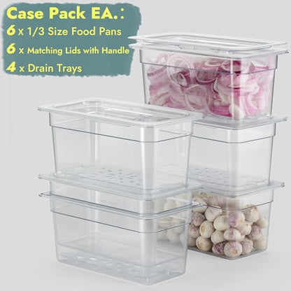 CURTA 6-Pack 1/3 Size 6" Deep NSF Polycarbonate Food Pans with Handled Lids & Drain Trays | Dishwasher & Freezer Safe Clear Container for Prep Tables, Buffet, Salad Bar, Commercial & Home Kitchen - color: 1/3 Size, size: 6" Deep Pan with Lid