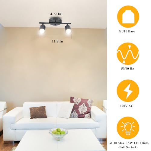 BoostArea LED 2 Light Track Lighting Kit, Black 2 Way Ceiling Spot Lighting, Flexibly Rotatable Light Head for Kitchen, Living Room, Bedroom, GU10 Bulb Not Included - color: 2 Light