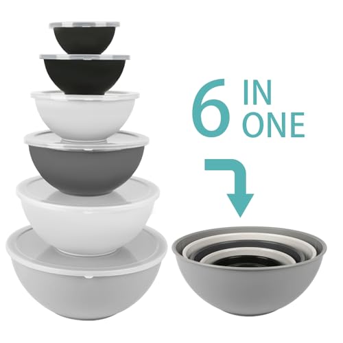BoxedHome BPA Free Plastic Round Mixing Bowl with Lids, 12 Pack Nesting Bowls with Lids Set, Microwave and Dishwasher Safe Prep & Serving Bowls Great for Mixing, Baking, Serving (Grey, 12pcs) - color: Gray