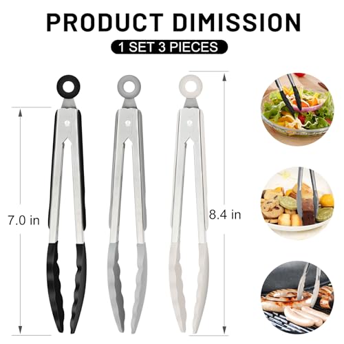 HOTEC Small Silicone Kitchen Tongs 7-Inch Mini Serving Tongs, Set of 3 - color: Black Grey White Gradient