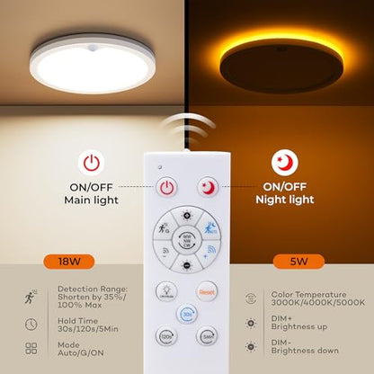 Annaror Motion Sensor Ceiling Light with Remote, Wired Motion Sensor Light Indoor 3000K 4000K 5000K, 2000K Nightlight 1800LM Dimmable Motion Activated Light with Timer for Hallway Closet Stairs - size: 1pc 8.7in