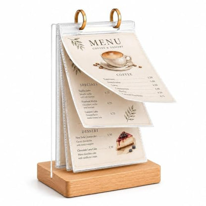 1Pcs Flip Menu Holder, with 6 Pages Sleeve, Removable Pages, 4" X 6" Table Sign Display Stand, with Wooden Base, Rotating Poster Binders Rack, for Photo, Restaurant, Job Fair - size: Beechwood Color-4x6"-1pcs