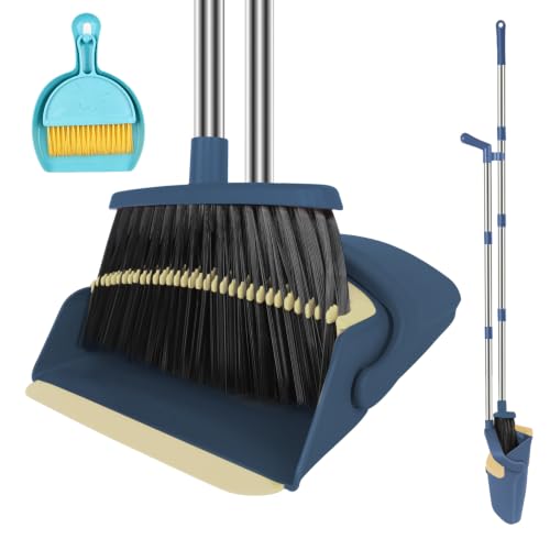 Broom and Dustpan Set, 51" Long Handle Broom with Mini Set Navy Blue - color: Blue, size: Normal